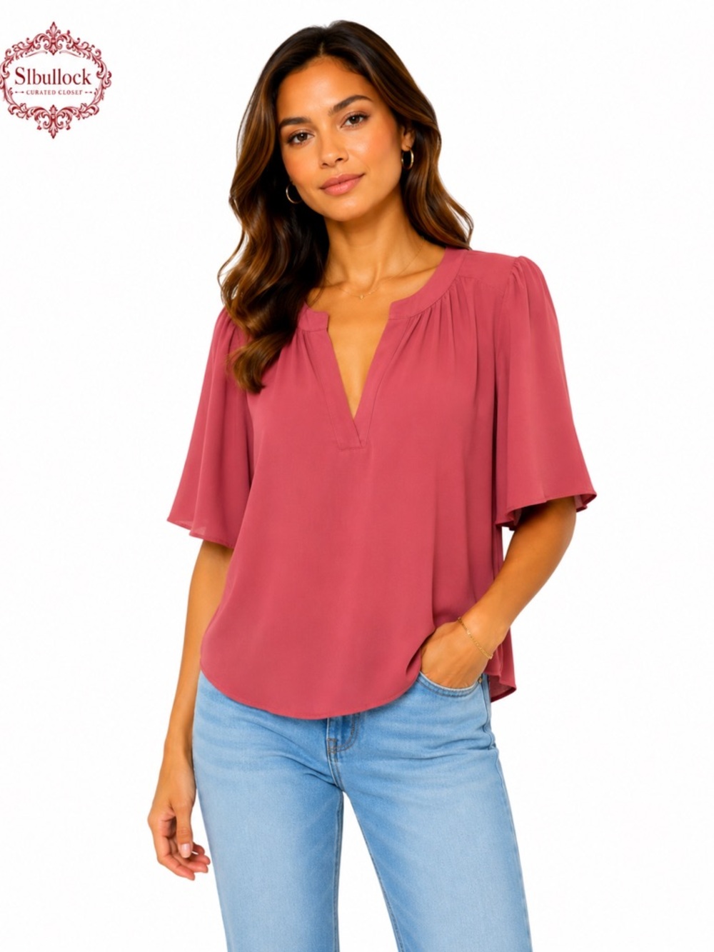 Velvet by Graham Spencer 100% Viscose Flutter Sleeve Blouse Dusty Rose Oversized